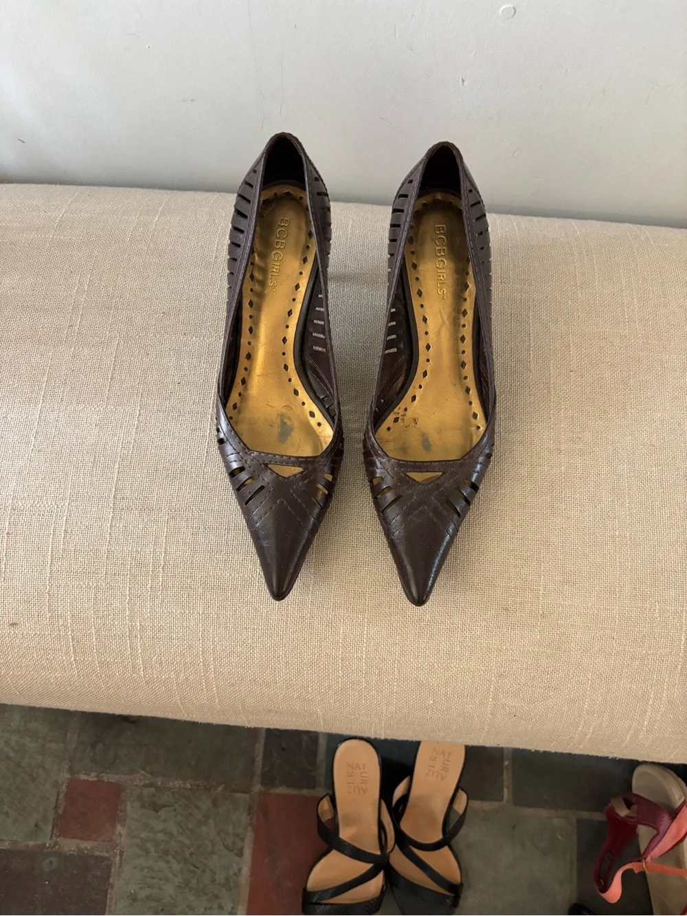 BCBGirls Brown Leather Cutout Slip-On with Gold Insole